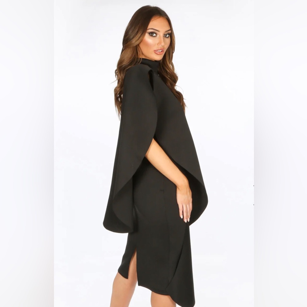 #002 NWOT - Women's Bodycon Black Neoprene Exaggerated Frill Midi Dress! - Picture 2 of 6